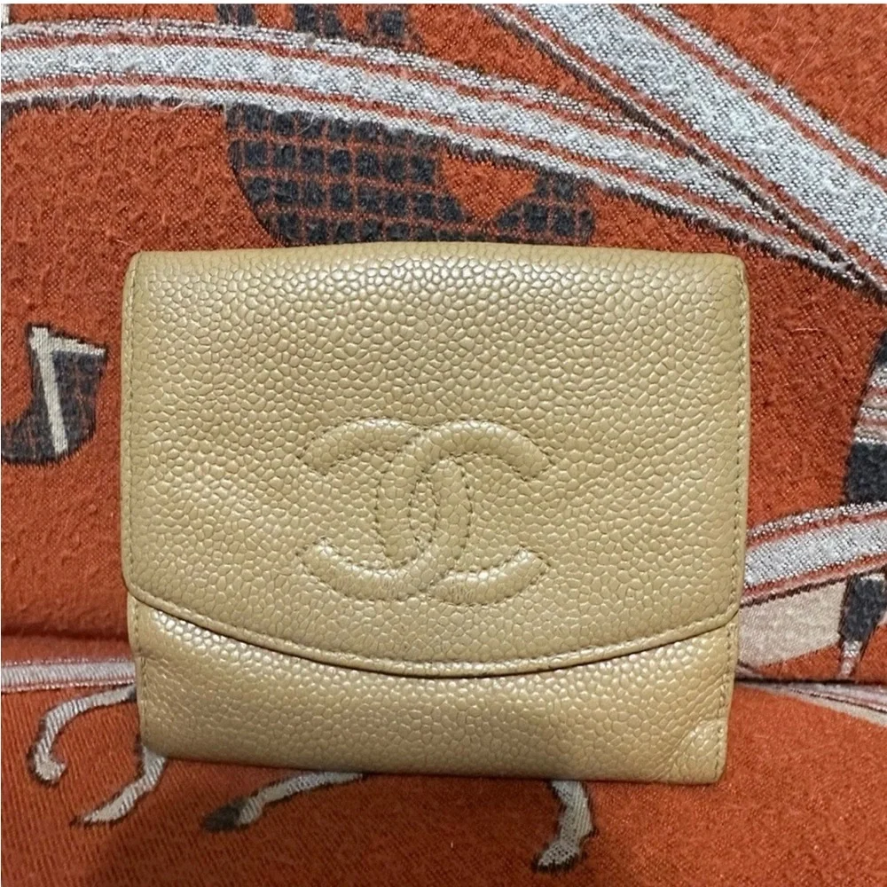 Chanel Tan Caviar Leather CC Compact Flap Wallet